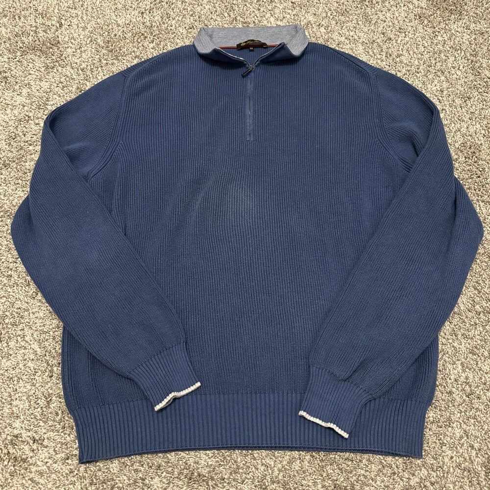 Loro Piana 1/4 Zip Cotton Ribbed Sweater Blue Men’s Size 56 Made In Italy